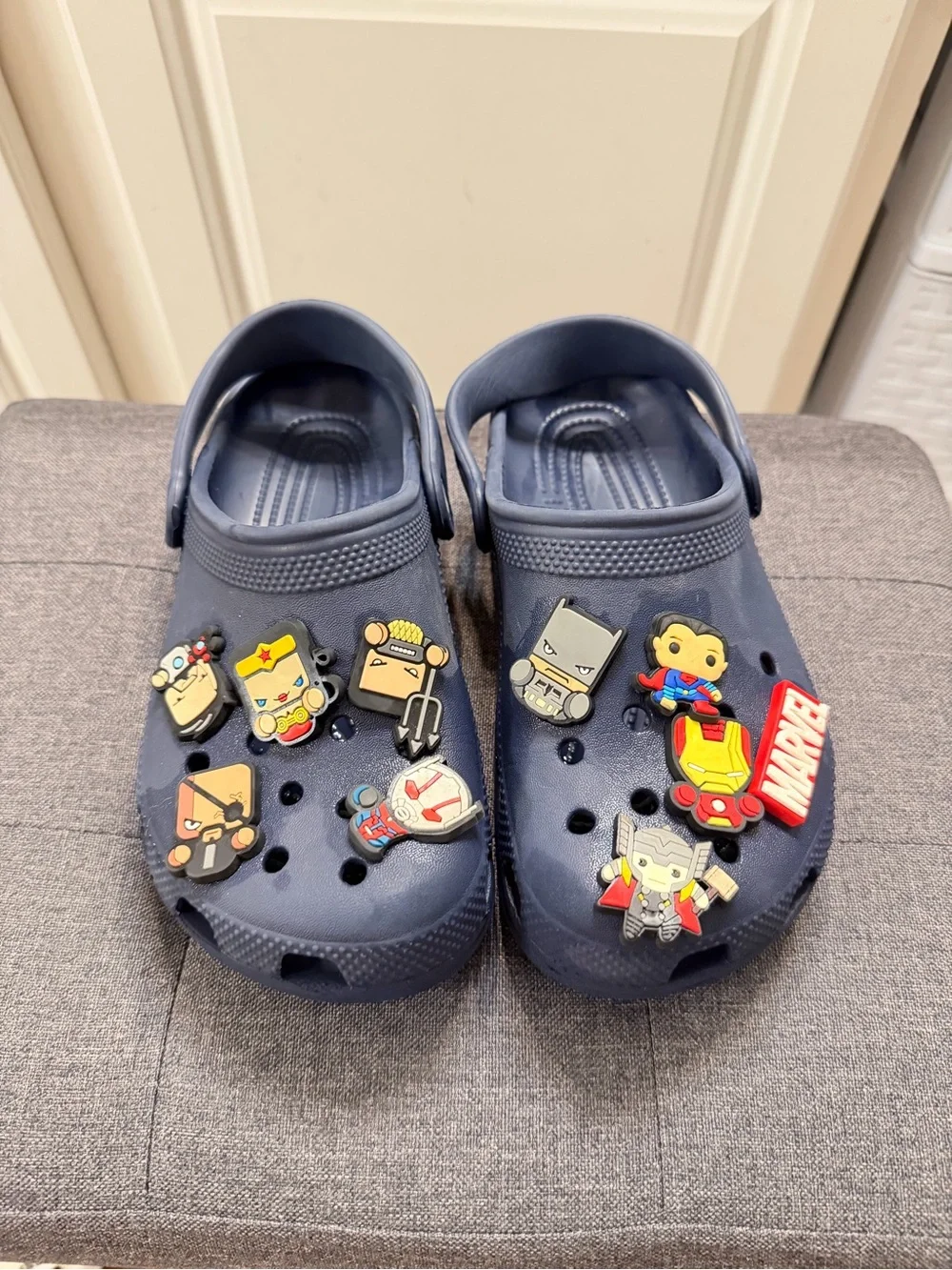 Kids Navy Crocs (superhero charms included)